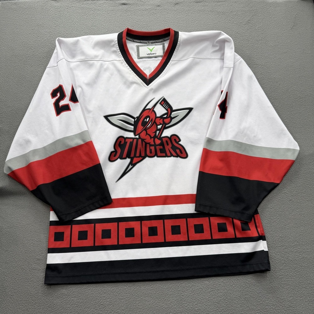 Stingers Hockey Jersey Mens Large White Red Black Verbero Custom 24 Overcash‎